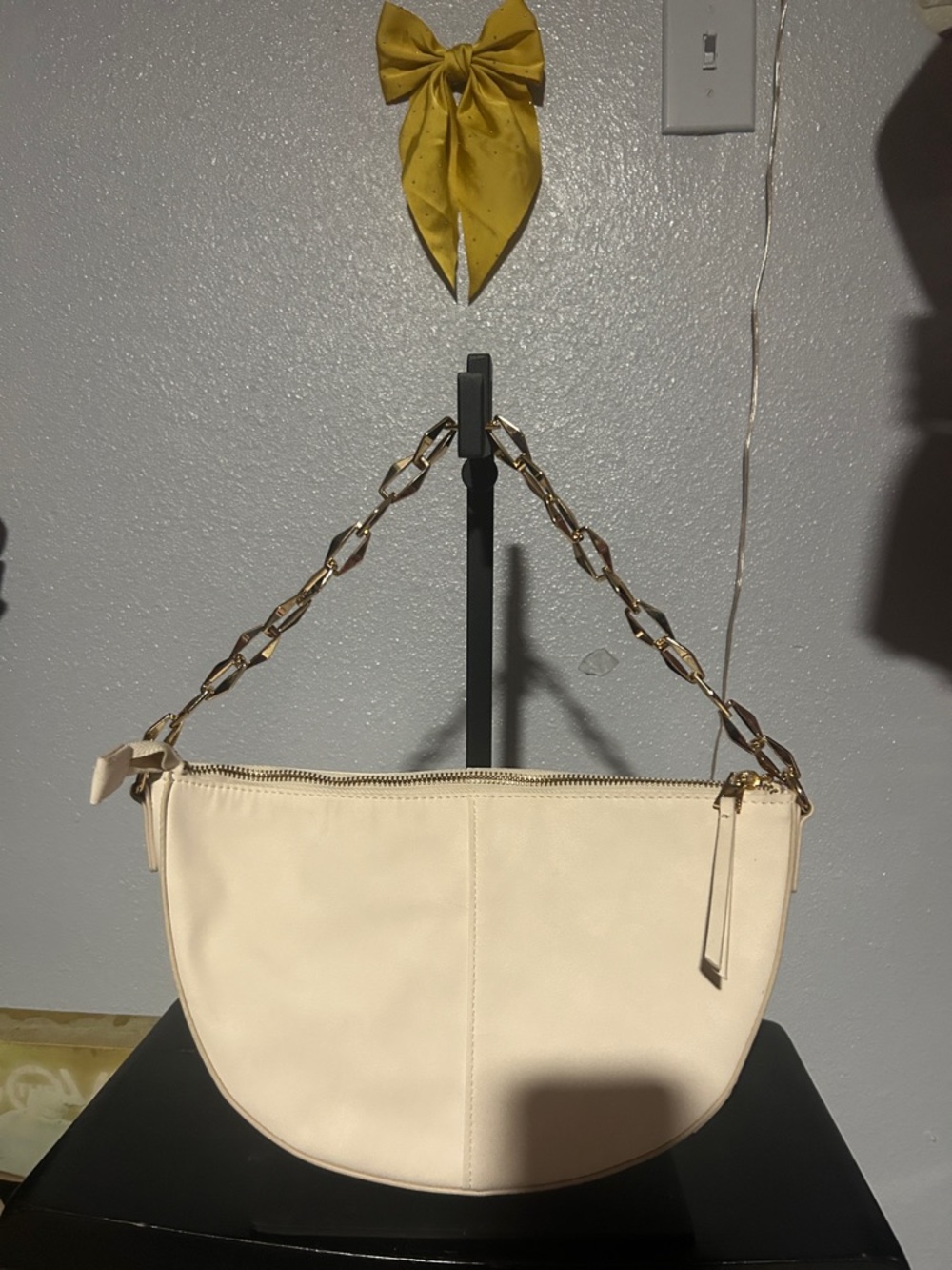 Cream Half-Moon Chain Handle Shoulder Bag